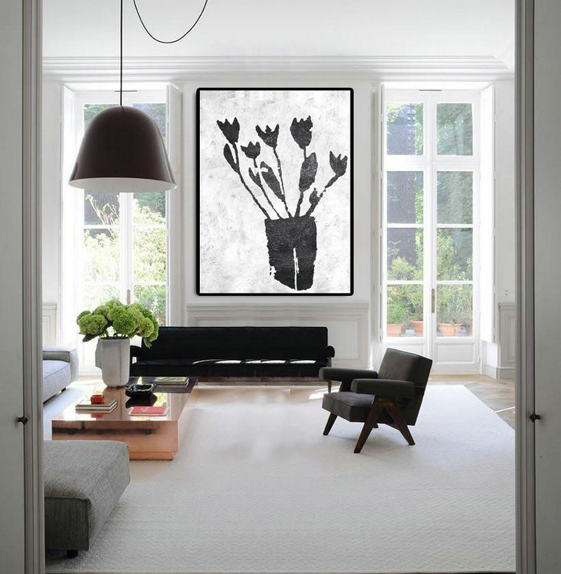 Custom Oil Painting,Black And White Minimal Painting On Canvas - Abstract Painting For Home